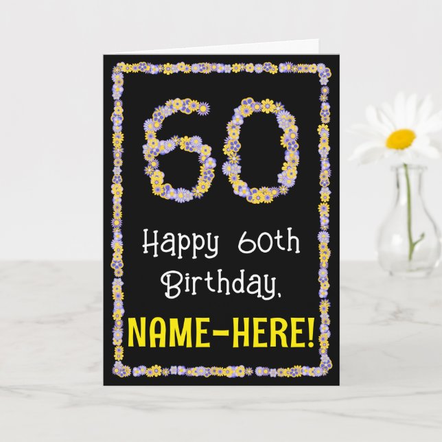 60th Birthday: Floral Flowers Number, Custom Name Card (Small Plant)