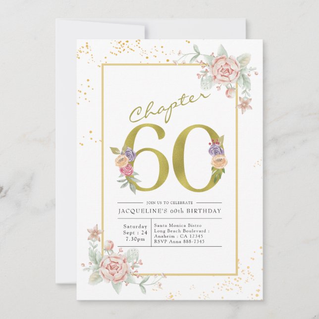 60th Birthday Floral Gold Script Invitation (Front)