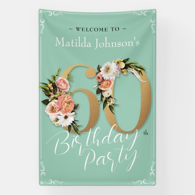 60th Birthday Floral Mint Gold Glamourous Welcome Banner (Vertical)