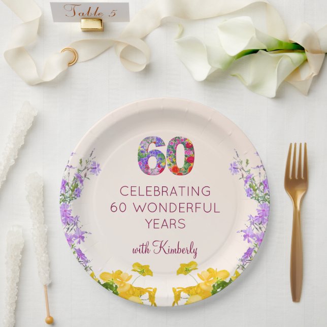 60th birthday floral modern 60 years party elegant paper plate (Wedding)
