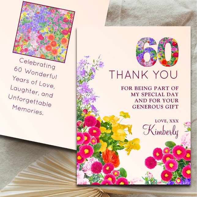 60th birthday floral modern 60 years party thank you card (Creator Uploaded)