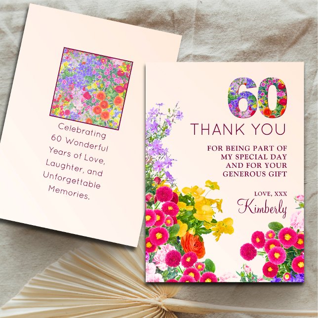 60th birthday floral modern 60 years party thank you card (Creator Uploaded)
