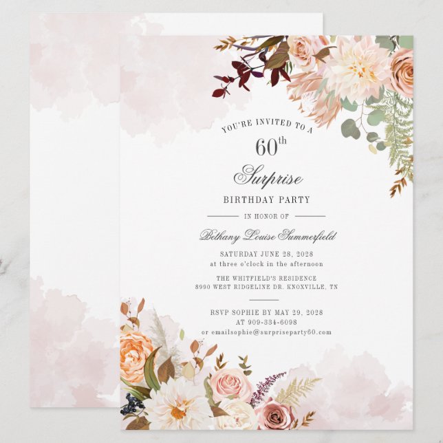 60th Birthday Floral Pastel Green Surprise Party Invitation (Front/Back)
