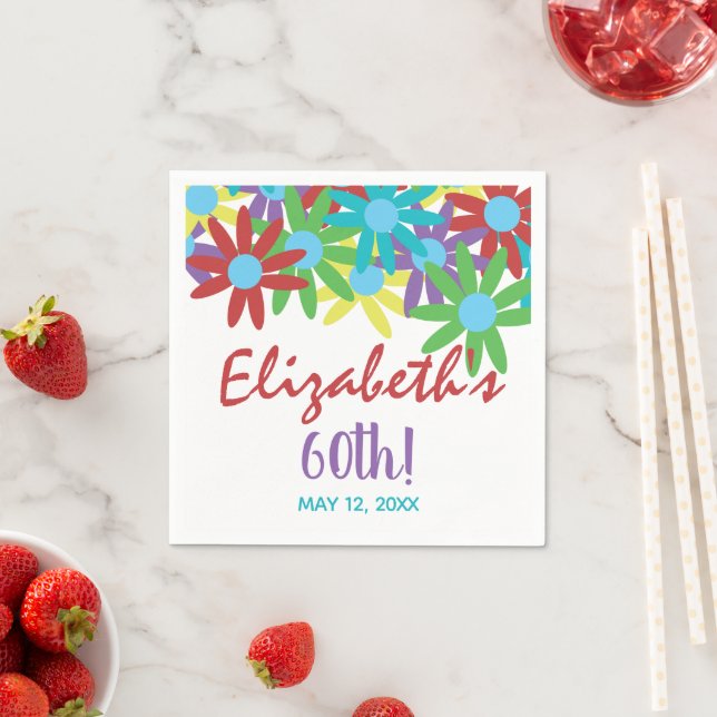 60th Birthday Floral Personalised Paper Napkins (Insitu)