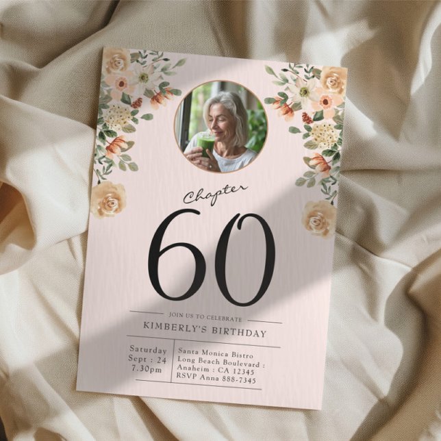 60th Birthday Floral Photo Party Invitation (Custom 60th birthday party  invitation on a cloth background)