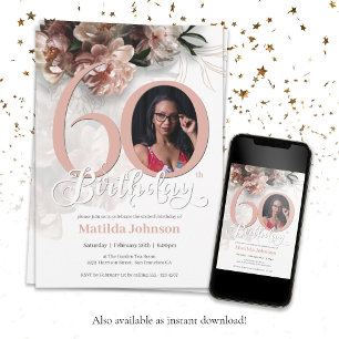 60th Birthday Floral Pink Custom Photo Elegant  Invitation