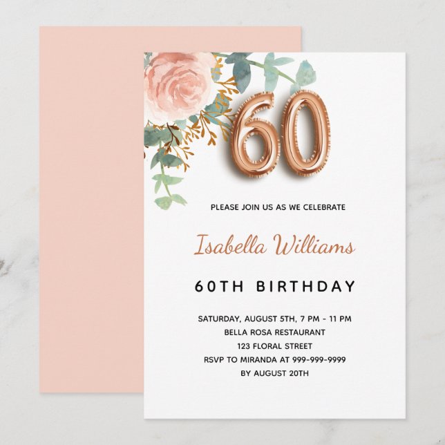 60th birthday floral rose gold eucalyptus greenery invitation (Front/Back)
