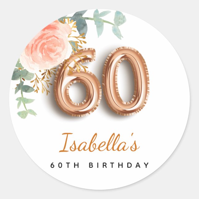 60th birthday floral rose gold eucalyptus monogram classic round sticker (Front)