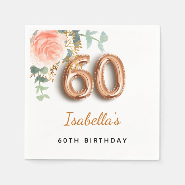60th birthday floral rose gold eucalyptus monogram napkin (Front)