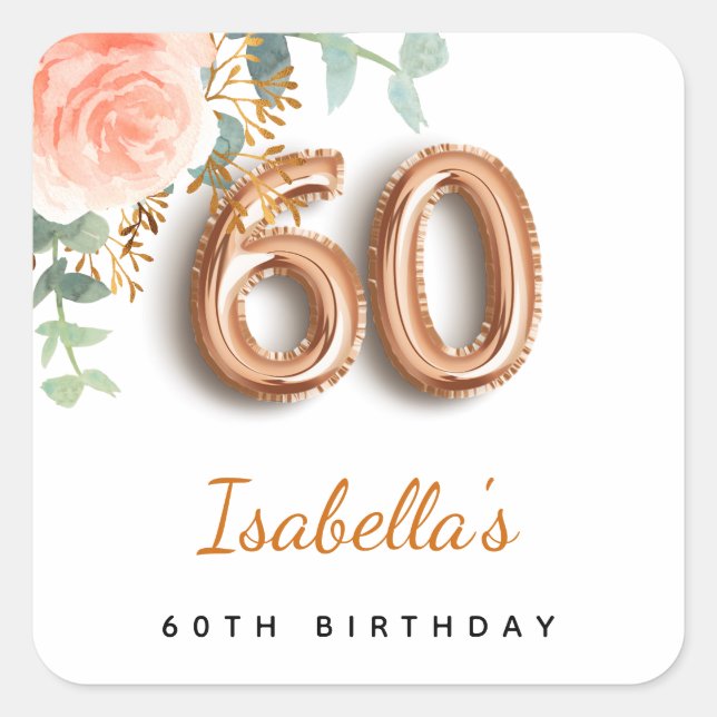 60th birthday floral rose gold eucalyptus monogram square sticker (Front)