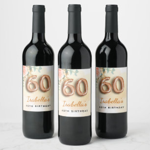 60th birthday floral rose gold eucalyptus monogram wine label