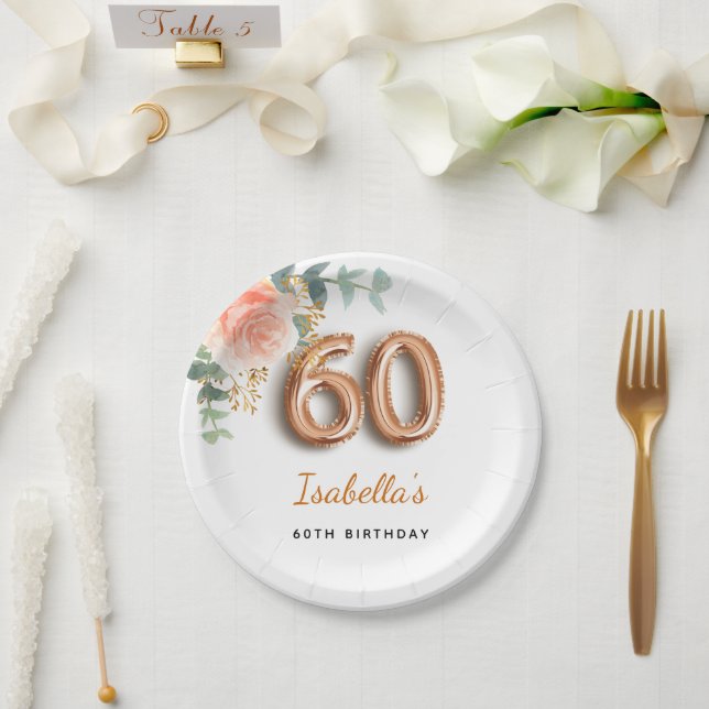 60th birthday floral rose gold eucalyptus name paper plate (Wedding)