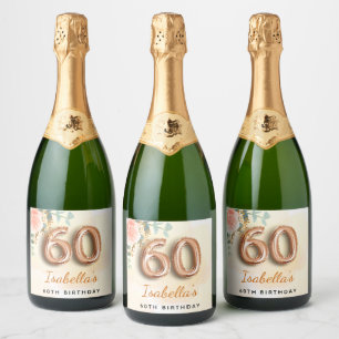 60th birthday floral rose gold eucalyptus name sparkling wine label