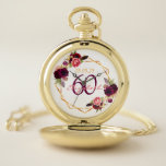 60th birthday florals geometric monogram pocket watch<br><div class="desc">A gift or keepsake for a 60th birthday. A chic white background with a faux gold geometric frame. Decorated with dark purple and burgundy flowers, roses and boho style feathers. Templates for a name, age and a date. Date of birth or the date of the party. The name is written...</div>