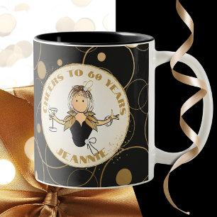 60th Birthday For Her Funny Cartoon Fab Black Gold Two-Tone Coffee Mug