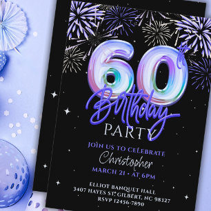 60th Birthday for Him Blue Fireworks Foil Balloon  Invitation