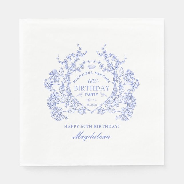 60th Birthday French Blue Floral Crest Custom Napkin (Front)