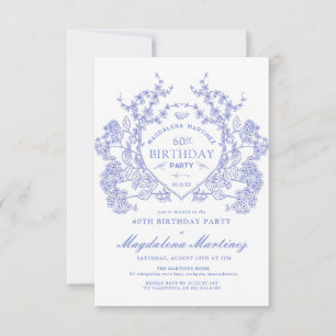 60th Birthday French Vintage Blue Floral Crest Invitation