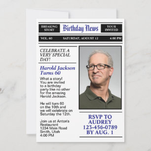 60th Birthday Front Page Newspaper Birthday Invitation