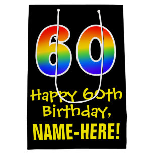 60th Birthday: Fun, Bold, Colourful, Rainbow "60" Medium Gift Bag