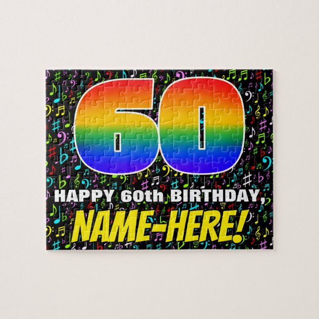 60th Birthday — Fun, Colourful Music Symbols & “60 Jigsaw Puzzle (Horizontal)