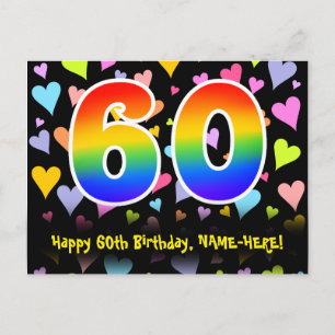 60th Birthday: Fun Hearts Pattern, Rainbow 60 Postcard