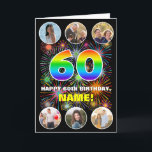60th Birthday: Fun Rainbow #, Custom Name & Photos Card<br><div class="desc">The front of this bold and fun birthday themed greeting card design features the number “60“ having a multicolored rainbow spectrum inspired gradient pattern, along with the message “HAPPY 60th BIRTHDAY, ” and a personalised name, on a pattern inspired by bursting multicolored fireworks. Near the top and the bottom of...</div>