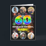 60th Birthday: Fun Rainbow #, Custom Name & Photos Card<br><div class="desc">The front of this bold and fun birthday themed greeting card design features the number “60“ having a multicolored rainbow spectrum inspired gradient pattern, along with the message “HAPPY 60th BIRTHDAY, ” and a personalised name, on a pattern inspired by bursting multicolored fireworks. Near the top and the bottom of...</div>