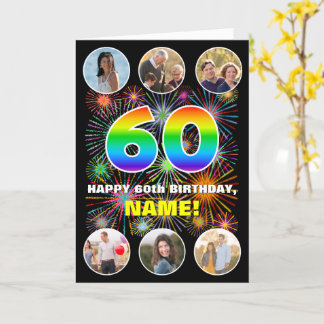 60th Birthday: Fun Rainbow #, Custom Name & Photos Card