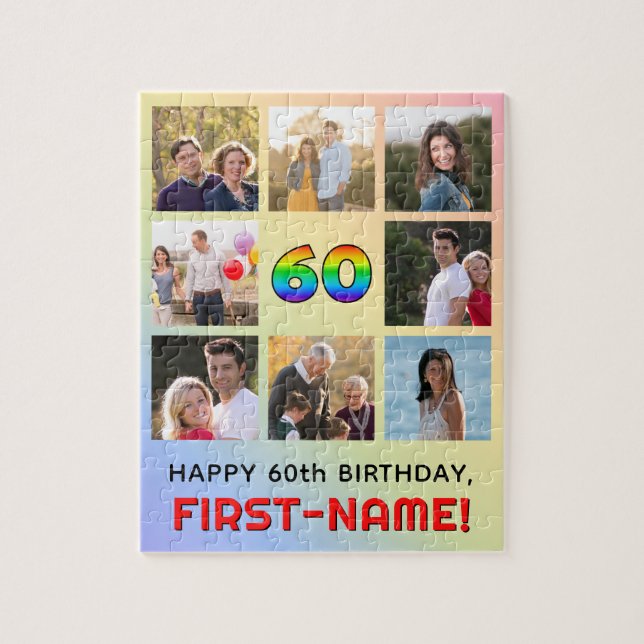60th Birthday: Fun Rainbow #, Custom Name & Photos Jigsaw Puzzle (Vertical)