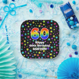 60th Birthday: Fun Stars Pattern and Rainbow “60” Paper Plate