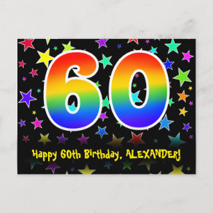60th Birthday: Fun Stars Pattern, Rainbow 60, Name Postcard