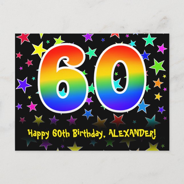 60th Birthday: Fun Stars Pattern, Rainbow 60, Name Postcard (Front)