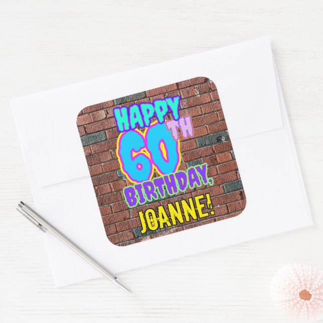 60th Birthday – Fun, Urban Graffiti Inspired Look Square Sticker (Envelope)