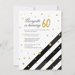 60th Birthday Geometric Glitter Black White Stripe Invitation