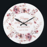 60th Birthday Gift Personalised Wall Clock<br><div class="desc">A personalised wall clock is a great birthday gift idea for a 60th birthday gift. The birthday celebrant can celebrate their birthday and add a pretty touch to your decor with this personalised burgundy and dusty pink floral wall clock. An elegant watercolor wreath decorates the front and back. Four lines...</div>