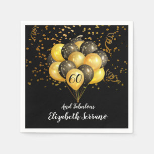 60th Birthday Gold And Black Balloons Glitter Napkin