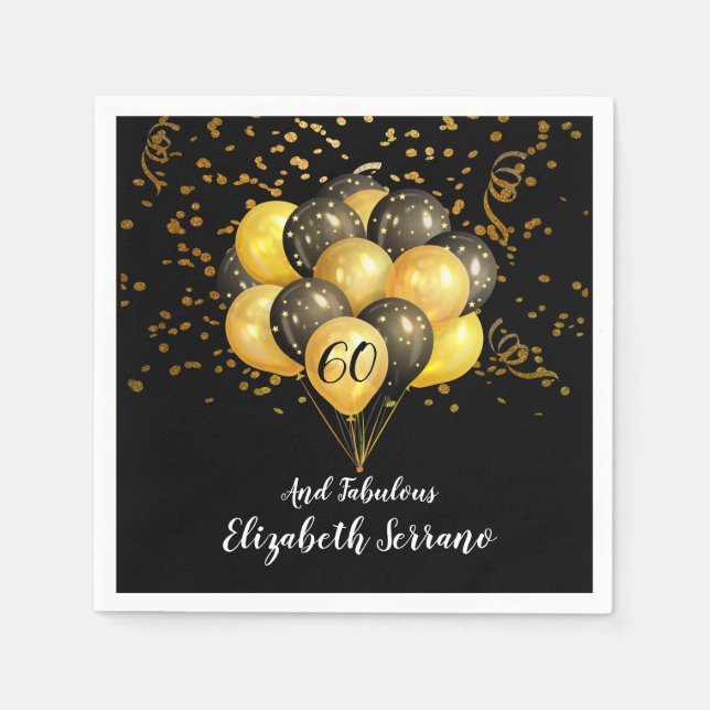 60th Birthday Gold And Black Balloons Glitter Napkin (Front)