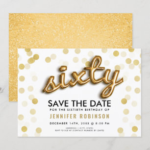 60th Birthday Gold Balloons Glitter Save The Date Invitation