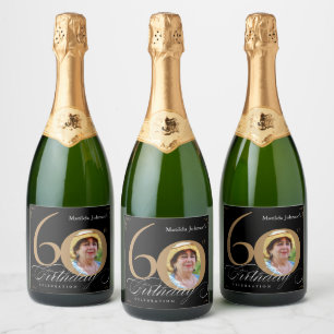 60th Birthday Gold Black Calligraphy Elegant Photo Sparkling Wine Label