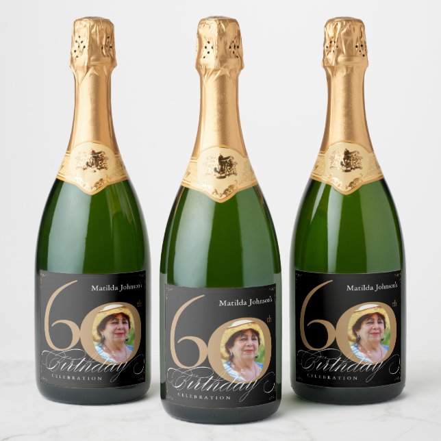 60th Birthday Gold Black Calligraphy Elegant Photo Sparkling Wine Label (Bottles)