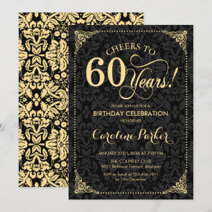 60th Birthday - Gold Black Damask Invitation