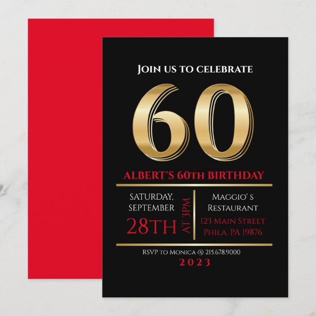 60th Birthday Gold Black Party Invitation (Front/Back)