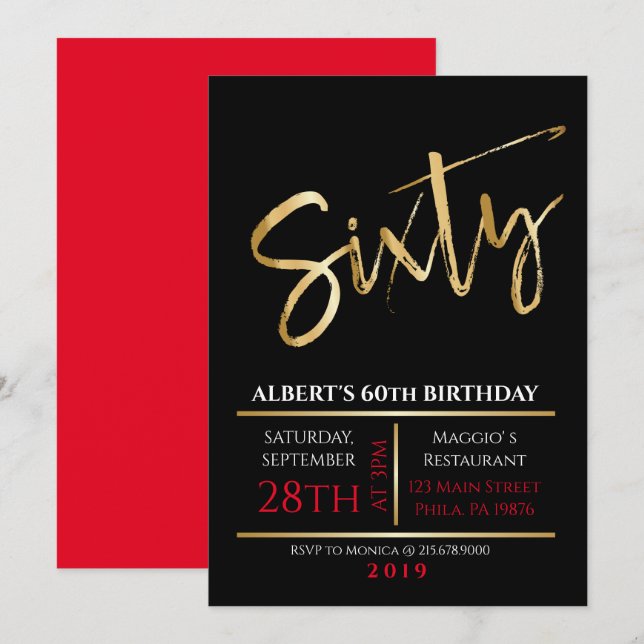 60th Birthday Gold Black Party Invitation (Front/Back)