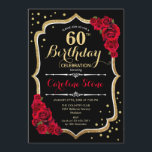 60th Birthday - Gold Black Red Roses Invitation<br><div class="desc">60th birthday celebration invitation.
Elegant black design with faux glitter gold and red roses.
Perfect for an elegant birthday party. Can be customized into any age.</div>