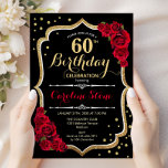 60th Birthday - Gold Black Red Roses Invitation<br><div class="desc">60th birthday celebration invitation.
Elegant black design with faux glitter gold and red roses.
Perfect for an elegant birthday party. Can be customized into any age.</div>