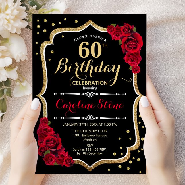 60th Birthday - Gold Black Red Roses Invitation (Creator Uploaded)