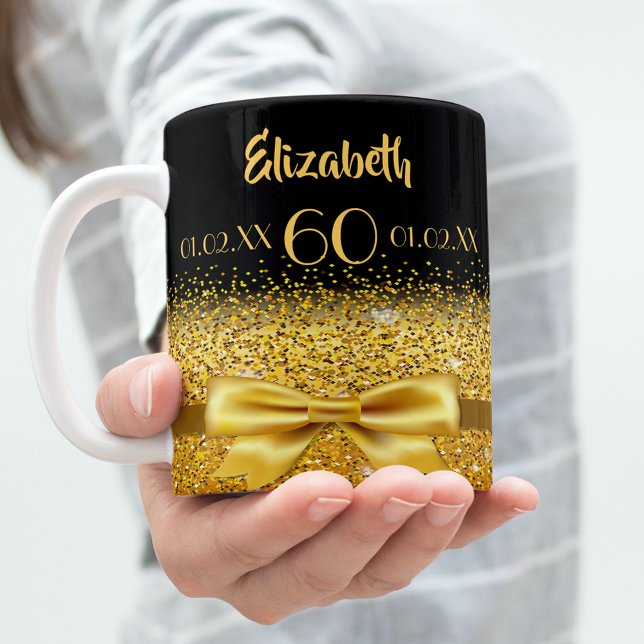 60th birthday gold bow black name age coffee mug (Creator Uploaded)