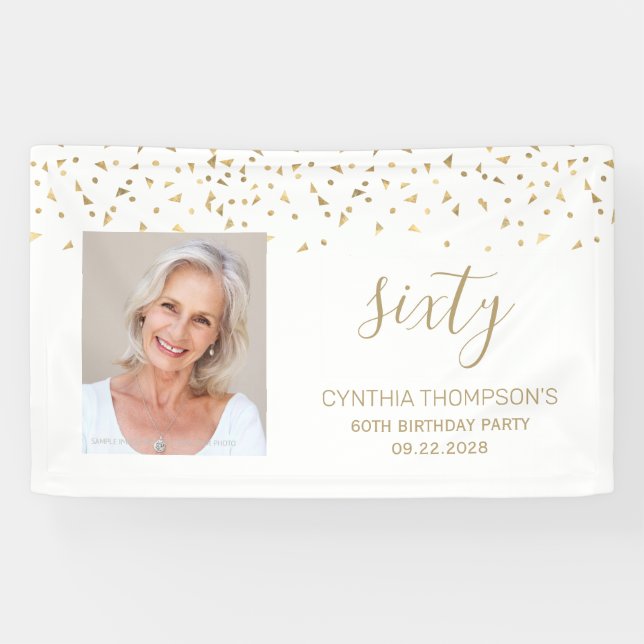 60th Birthday Gold Confetti Triangles Photo White Banner (Horizontal)