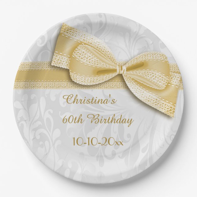 60th Birthday Gold Damask and Faux Bow Paper Plate (Front)